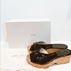 Jimmy Choo patent leather cork wedge sandals
